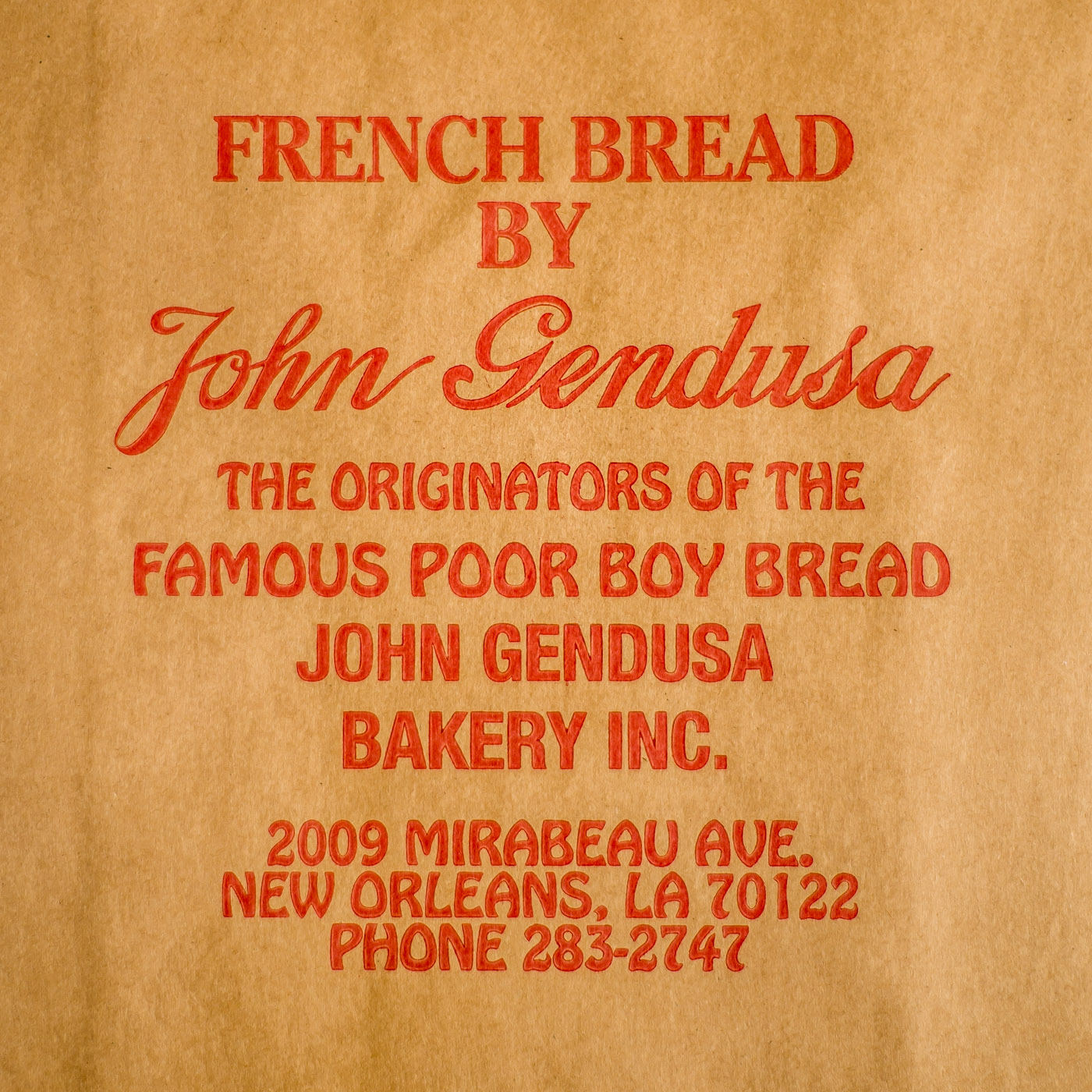 John Gendusa Bakery Brown Bag
